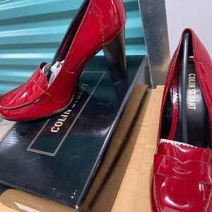 Red patent leather peep toe pumps